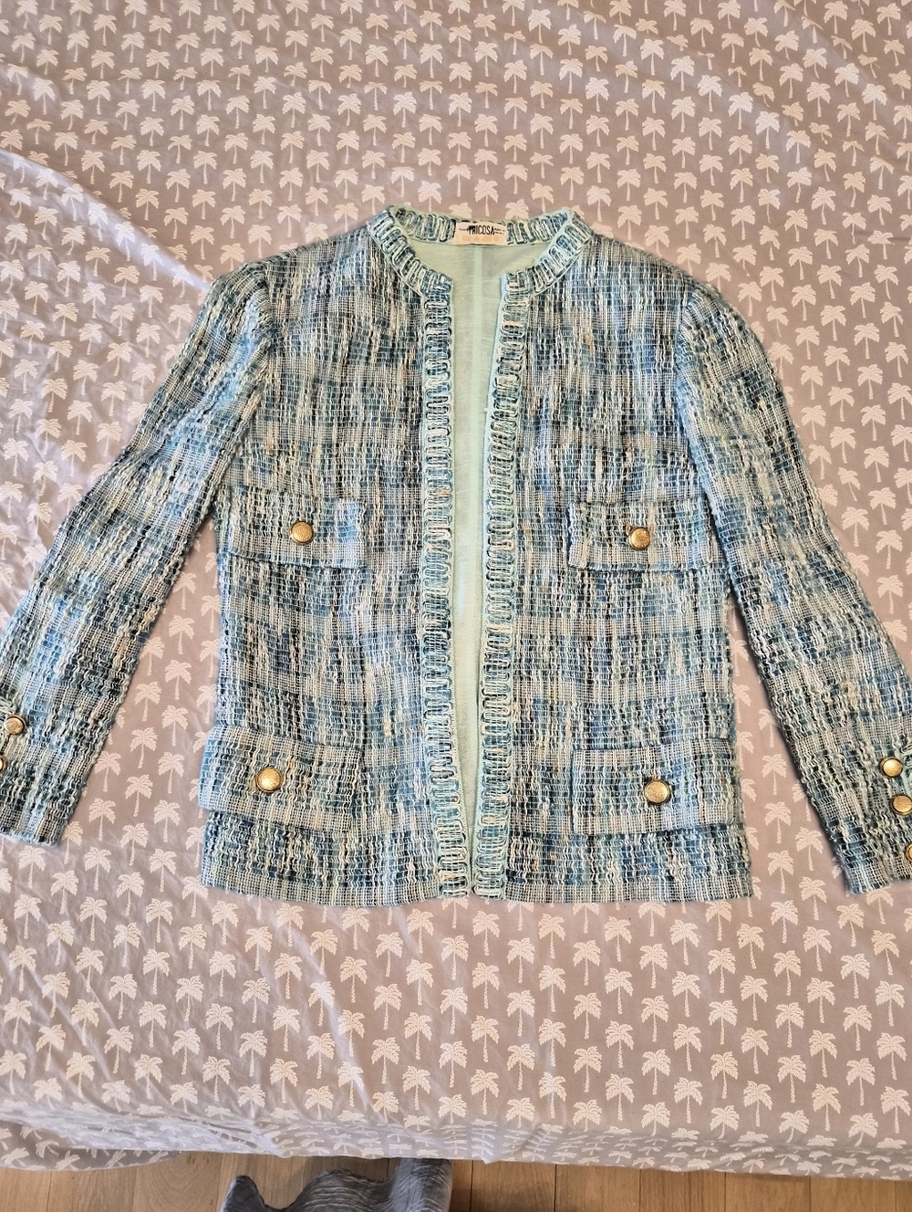 Vintage (Made In France) Light Blue Tweed Jacket with Gold Buttons